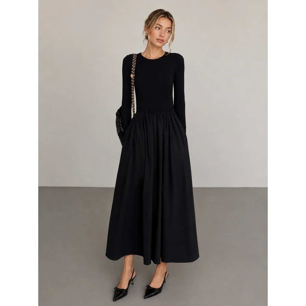 Commense Black Long Sleeve Drop Waist Maxi Dress with Pockets Crew Neck Knit Top - Picture 2 of 8
